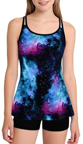 Amissz Girls Swimsuit 2 Piece Tankini Tankini with Shorts Starry Sky Pattern Print Tank Top with Boxer Shorts Fashion Bathing Suit for Teens Girl Atmospheric Swimwear 9-10 Years Black Blue