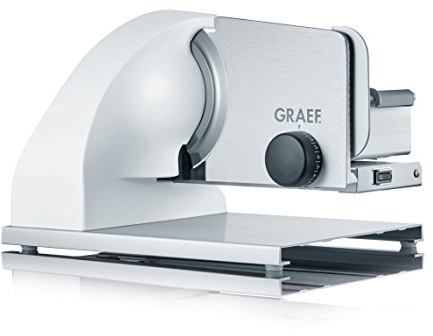 GRAEF Allesschneider ABSOLUTE weiß mit stufenloser Schnittstärke (0–15 mm), Vollmetallausführung, Edelstahlmesser, Aluminiumanschlag, flüsterleisem Motor, einfache Reinigung, kompakte Form