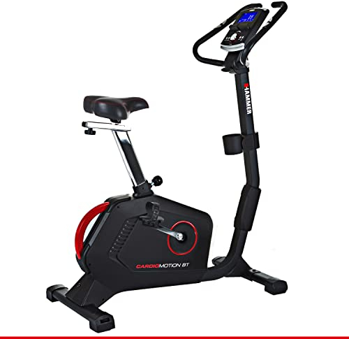 HAMMER Ergometer Cardio Motion BT, leises Fitnessfahrrad mit tiefem Einstieg und Comfort-Sattel, geeignet als Heimtrainer für Senioren, Bluetooth und App-Steuerung, Tablethalterung, 110 x 52 x 140 cm