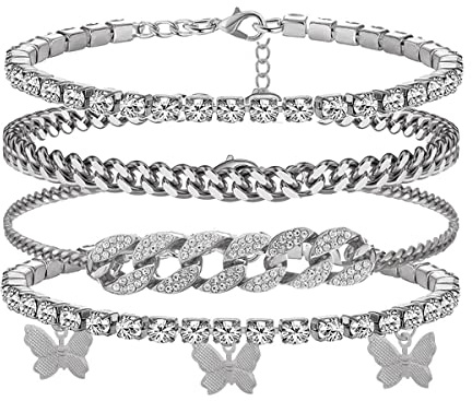 yfstyle 3PCS Cuban Link Ankle Bracelet Butterfly Rhinestone Anklet Set Women Summer Beach-3 cuban silver