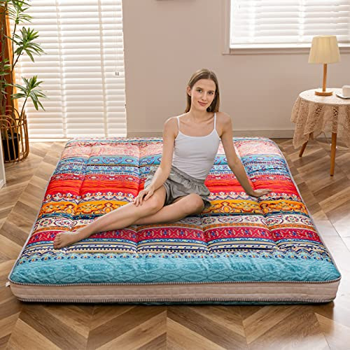 MAXYOYO Bohemisk futon/mattress i retrostil, japansk golvmatta med vintage-blommor, rullbar gästsäng, säng, bärbar campingsäng, tatami-matta (bohemisk A, 90 x 200 cm)