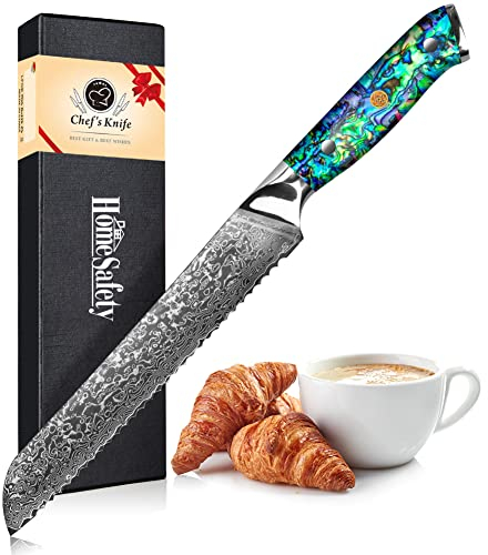 Home Safety Damast Brotmesser mit Wellenschliff, Sägemesser 20cm Küchenmesser Scharf aus 67 Lagen VG-10 Damaststahl Damast Brötchenmesser, Abalone-Muschel Griff, Geschenkbox