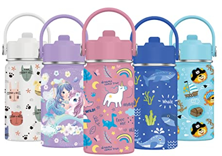 Botella de Agua para Niños de Acero Inoxidable 350ml - Botella Térmica Reutilizable | Sin BPA | Mantiene 24H Frio / 12H Calor | Termo y Hermética - Doble Pared a Prueba de Fugas (Unicornio Rosa #C)