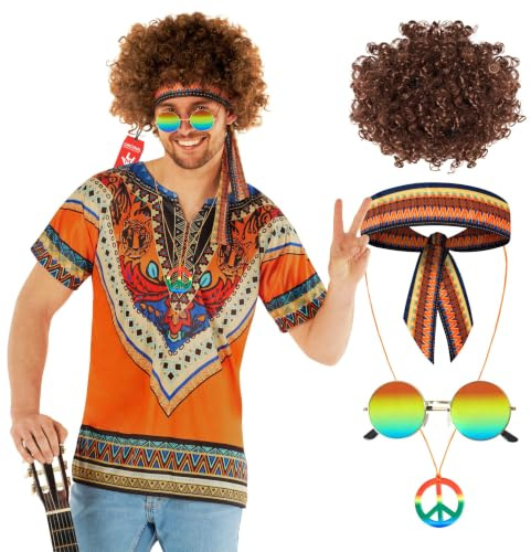 Morph Hippiekostym Herr Orange 70-tal - Komplett Retroutklädning med Peruk & Solglasögon för Vuxna Herrar