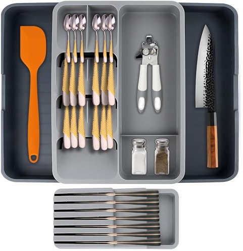 DAFFODILY Expandable Cutlery Drawer Organiser with Knife Block, Holds up to 14 Knives, Adjustable 29–56 cm Width