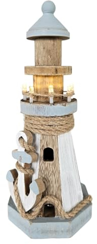 Meinposten Leuchtturm beleuchtet Holz LED Deko Dekoration Maritim Anker Strand Meer Turm Höhe 24 cm