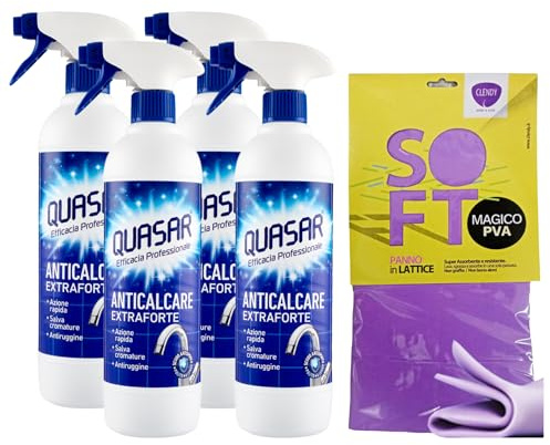 SET PULIZIA: 4x Quasar ANTICALCARE EXTRAFORTE, Azione Rapida, Salva Cromature, Antiruggine 580ml + In Omaggio Panno Soft In Lattice 30x30
