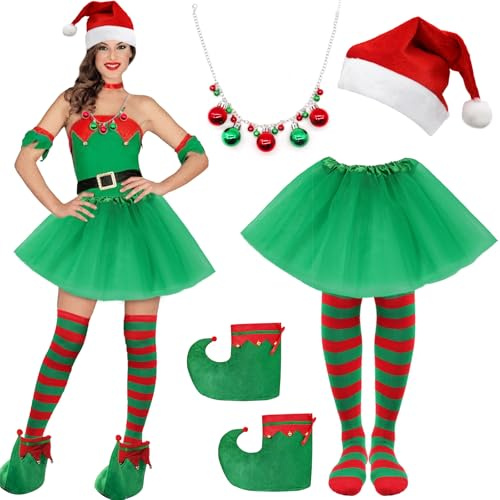 Beamely 5Pcs Women Christmas Elf Costume Set with Christmas Hat, Jingle Bell Necklace, Xmas Shoes, Stockings, Tutu Skirt for Xmas Party Masquerade Dress Up