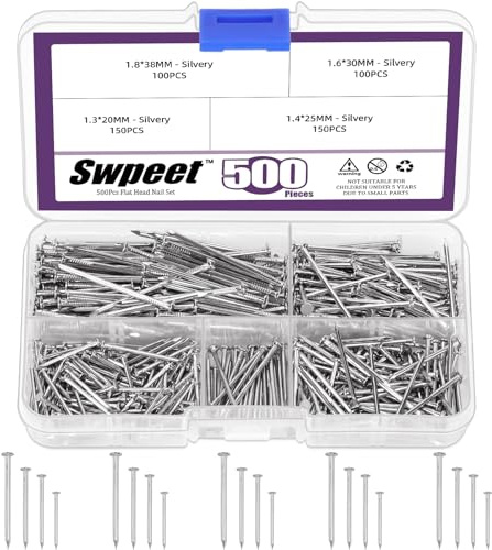 Swpeet 500pcs 4 storlekar hårdvara naglar sortiment kit, silver galvaniserade naglar, liten nagl, pin nagl, efterbehandling tack för hängande, vägg, hängande bilder