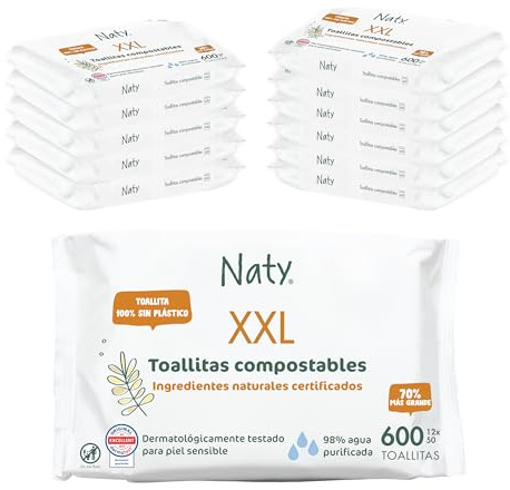 Naty Baby Wipes XXL, 98% Water & Hypoallergenic, 600 Count (12 Packs)