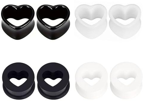 LOCCY 6 Pairs Heart Ear Tunnel Plugs, 4-25mm Silicone Flexible Ear Stretchers Acrylic Flesh Tunnels Double Flared Ear Gauges Body Piercing Jewellery - Black, White (4 Pair Black+ White, 4mm)