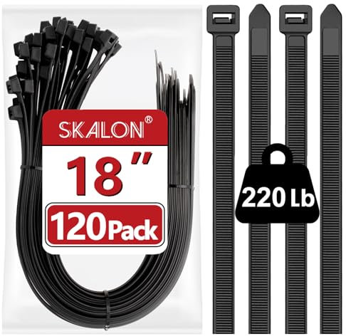 Large Zip Ties 18 Inch (120 Pack) - Heavy Duty, 220 lb Tensile Strength, Black Cable Ties, Extra Long Wire Ties, SKALON