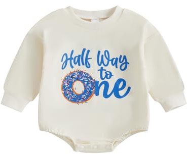 Geagodelia Infant Baby Boy Girl Half Year Birthday Romper Long Sleeve Doughnut Letter Print Bodysuit Pageant Baptism Jumpsuit Newborn Unisex Baby 1/2 Birthday Outfits for Winter (Blue, 6-12 Months)