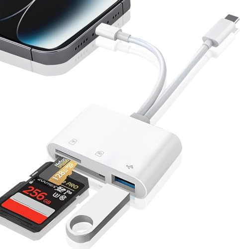 Lector Tarjetas SD para iPhone iPad, Lightning USB C Adaptador Tarjeta SD con SD/Micro SD/USB-A, Lector de Tarjetas de Memoria, SD Card Reader para iPhone/iPad/Macbook/Android/Cámara, Plug and Play