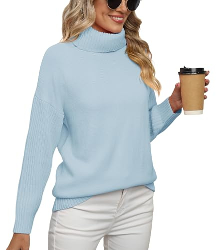 Anelune Womens Turtleneck Jumpers, Winter Long Sleeve Oversized Knitted Sweater, Casual Loose Batwing Sleeve Pullover Light Blue XL
