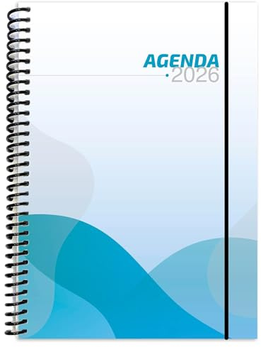Agenda Anual 2026 Formato A5 Día Por Página Con Calendarios Contactos Datos Personales Papel Premium 80g Diseño Moderno Espiral Flexible Tapas Protectores Banda Elástica Ideal Oficina Estudiantes