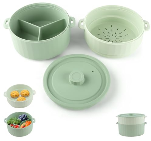 Silicone Microwave Steamer - Microwave Pot Steamer Basket Bowl for Baby Food, Vegetables & Dumplings, Compact & Lightweight Design, Oven & Dishwasher Safe (Green, Double-Layer)
