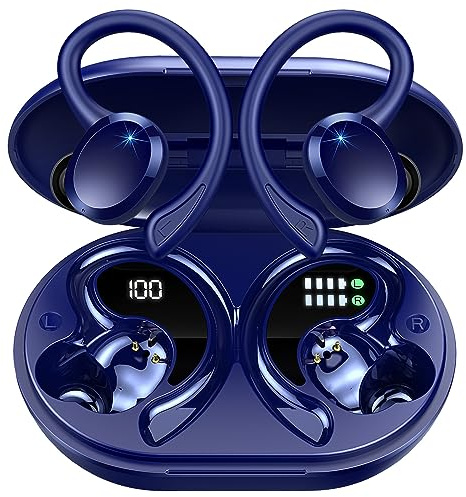Rulefiss Q38 Wireless Earbuds, Bluetooth 5.3 Headphones with HD Mic, 48H Stereo Noise Cancelling Ear Buds, Sports Earphones with EarHooks, Dual LED Display, USB-C, IP7 Waterproof, for Running Fitness