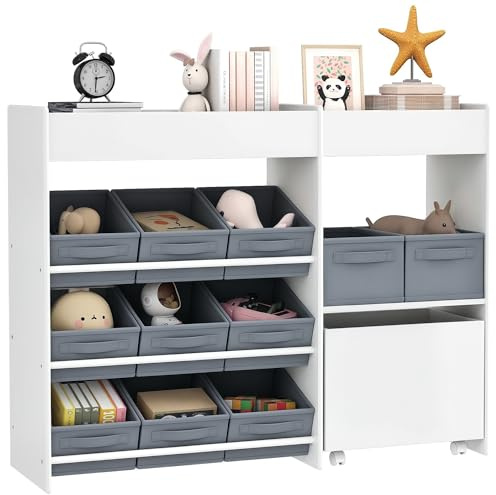 AIYAPLAY Mobile Porta Giochi per Bambini, Scaffale Portagiochi con 11 Cestini in Tessuto, Armadietto e Ripiani, 3 Adesivi Inclusi, per Cameretta e Soggiorno, Bianco