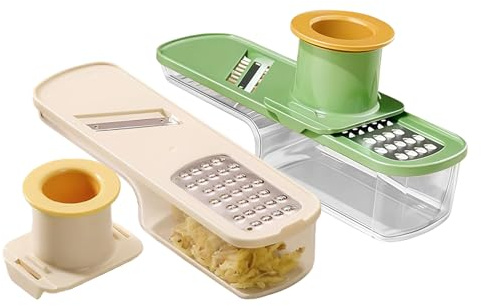 Affettaverdure | 2 pezzi grattugia alimentare con contenitore, affettatrice alimentare con protezione per le mani – per la preparazione di aglio, carota e cottura in