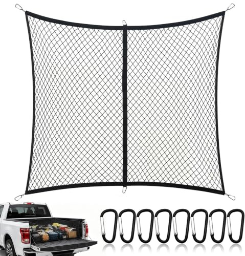 Highly Elastic Cargo Net, QCGNIUI Truck Bed Cargo Mesh Organizer 4'x4' Stretches to 7'x7' with 8 Hooks Cargo Truck Net Universal Fit for Pickups, Vans, SUVs, Semis