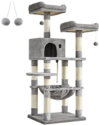 Feandrea Kratzbaum, 143 cm hoch, Katzenbaum mit 11 Kratzsäulen, 2 Plattformen, 1 Katzenhöhle, 1 Hängematte, 2 Plüschbällen, Plüsch, mehrstöckiges Design, hellgrau PCT15W