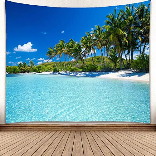 YISURE Summer Beach Coconut Palm Tree Tapestry Small 150x130cm, Tropical Island Blue Sky Limpid Water Pool Ocean Wall Tapestry for Bedroom Décor
