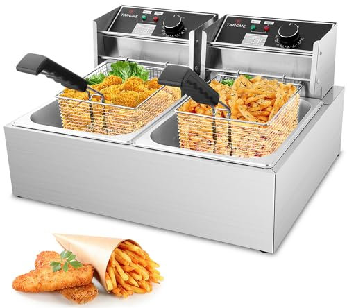 Friteuse Professionnelle, 5000W Friteuse Électrique avec Paniers, Cuve en Acier Inoxydable Épaissi 0,8mm, Friteuse à Huile de Comptoir 20L Grande Capacité avec Limiteur de Température
