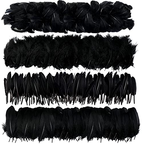 MWOOT 400 Stück Schwarz Federn zum Basteln, 7-15CM Natur Bastelfedern Deko für Traumfänger Basteln, 4 Arten Federn für Faschingskostüme Halloween Masken Ostern Zubehör Basteln, DIY Crafts Feather