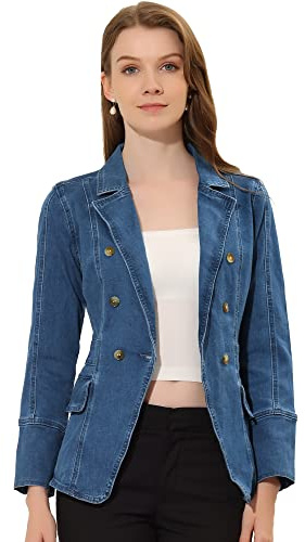 Allegra K Chaqueta de mezclilla para mujer, con solapa, manga larga, con bolsillos, azul vaquero, S