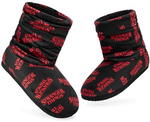 Stranger Things Boot Slippers Women and Teenagers - Warm Plush Indoor House Shoes Size 2-7 Non Slip Sole - Gifts for Her (Black/Red, 5/6 UK)