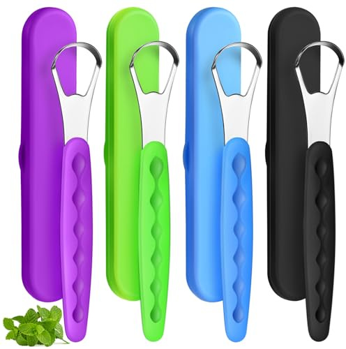 4 Pcs Tongue Scraper Cleaner Adults and Kids Stainless Steel Tongue Brush Metal Scraper Reduce Bad Breath with Travel Cases for Men Women Oral Mouth(Green, Blue, Black and Purple)