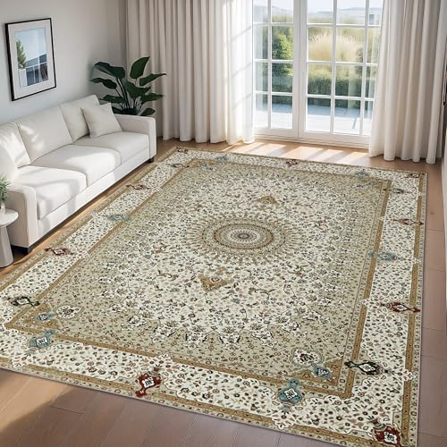 Imperial Rooms Machine Washable Rugs Living Room 120 x 170 cm – Soft Short Pile Large Beige Area Rugs For Bedroom Non Slip Carpet Bedside Rug Traditional Design Vintage Boho Cashmere Rug, Willow Beige