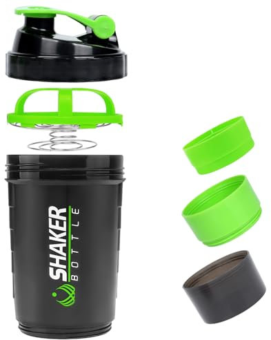 VIGIND Shaker Proteine 500ml con 3 Scomparti Integratori - Bottiglia Antigoccia per Palestra e Fitness, Realizzata in Plastica Senza BPA, Organizzazione Facile(Verde)