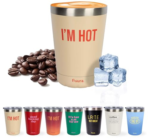FISURA – Vaso termo original “I’m hot”. Vaso termo café para llevar beige. Taza de café 310 ml. Taza térmica acero inoxidable. Libre de BPA. Taza coche.