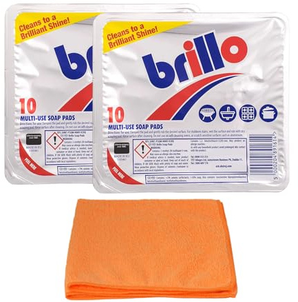 2X Brillo Soap Pads - 2 X10 Pads- Multi-Purpose Kitchen Washing Soap Scourer for Pans, Pots, Cookers - with Microfibre Cloth