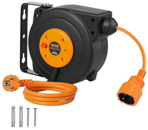 VEVOR Avvolgicavo di prolunga retrattile, 30 piedi, 1000 W, con cavo di alimentazione da 3 piedi, protezione dal surriscaldamento, fermacavo regolabile, bobina per montaggio a soffitto o a parete