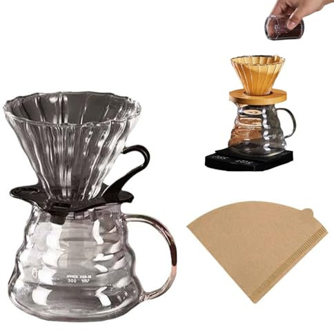 Cafetera de vertido, juego de vidrio de borosilicato con 40 filtros de papel V01, gotero de café, cafetera con tapa de vidrio, 1-4 tazas, cafetera de vidrio de borosilicato grueso resistente al calor