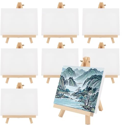 MAKTSAM 8 juegos de mini lienzo y caballete, 15 x 20 cm, pequeño lienzo artístico con caballetes de madera de 18 x 24 cm, caballete de exhibición de mesa, lienzo estirado en blanco para dibujar