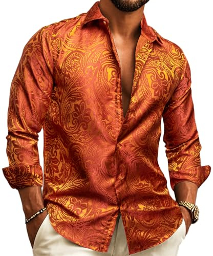 Barry.Wang Mens Dress Shirts Silk Luxury Paisley Big and Tall Long Sleeve Shirt Business Wedding Party Red Black S-3XL