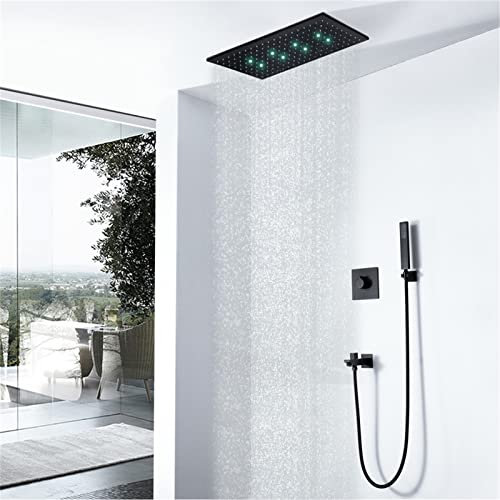 DXEMRQPB Ducha de Techo Negra Mate, Cabezal de Ducha LED Rectangular Grande de 30 x 60 cm con Ducha de Mano, caño de bañera, Juego de Grifo de Ducha para bañera