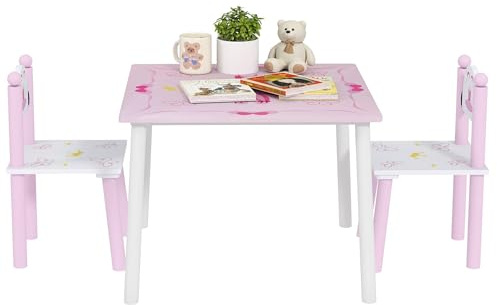 AIYAPLAY Mesa y Sillas Infantiles para Niños de 2-5 Años Mesa Infantil con Sillas de 3 Piezas Estilo Princesa para Sala de Juegos Dormitorio Guardería Rosa y Blanco