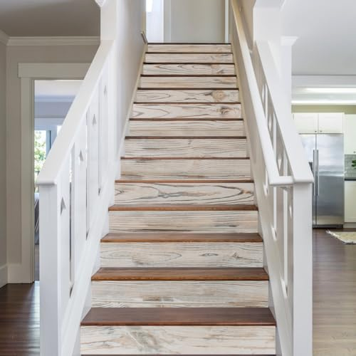PLIGREAT 15 strisce di Decalcomanie per Scale con Effetto Venatura del Legno Adesivi per Alzate delle Scale 18x100cm in Vinile Adesivo Stile Rustico Decorazione Murale per Casa Hotel