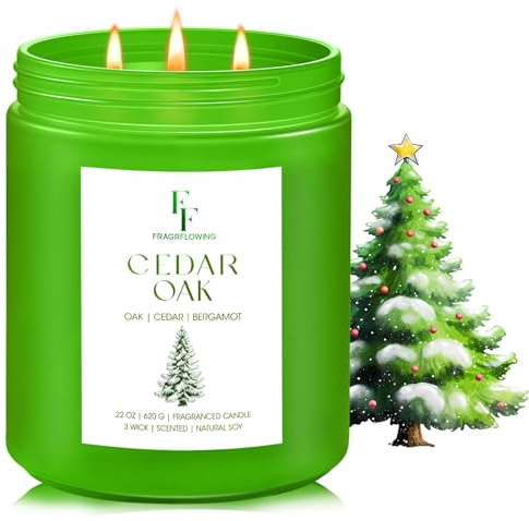 Cedar Oak Large Christmas Tree Candle, 3-Wick 22oz Long Lasting Scented Candle, Natural Soy Wax Aromatherapy Candle for Home, Holiday Candle Gifts for Women Men