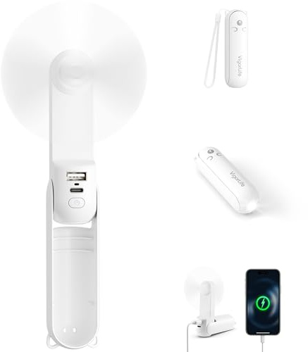 VigorLife Mini ventilador de mano, recargable por USB, 3 en 1, ventilador personal con banco de energía, linterna LED, pequeño ventilador de bolsillo plegable, esencial de viaje y emergencia para