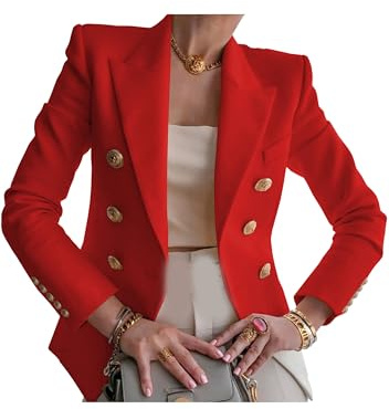 EFOFEI Mujeres Oficina Trabajo Chaqueta De Manga Larga Solapa Chaqueta Simple Elegante Outwear Rojo L