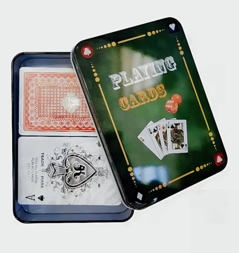 Generico Carte da Gioco Formato Poker, 2 Mazzi Plastificati in Scatola di Latta, Burraco Scala 40 Texas Hold’em