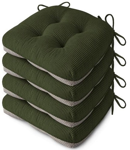 FlyGulls Seat Cushions for Dining Chairs Set of 4, 46X42X8cm, Dark Green | Elegant Breathable Textured Fabric, with Ties, Tufted, Thick Polyester Filling, for Folding Chairs, Kitchen, Office