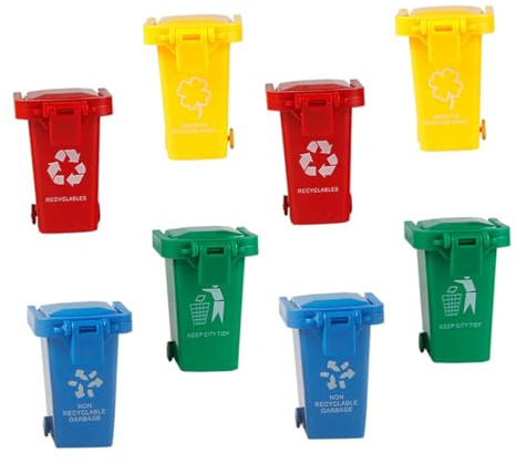 FUNOMOCYA Lot de 8 Mini Poubelles à Pousser pour Garçon et Filles, Plastique Solide, Couleurs Vives, Éducatif de Tri des Déchets, Éveil et Apprentissage du Recyclage