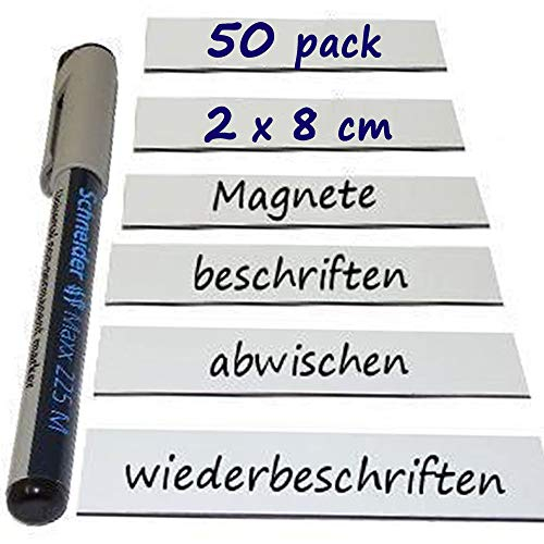 50+ Magnetschilder Magnetstreifen Magnet-Etiketten beschreibbar/abwischbar - in WEIß - als Namensschilder Lageretiketten für Lager Werkstatt Kühlschrank, Größe: 2 x 8 cm, Stückzahl: 50 Stück